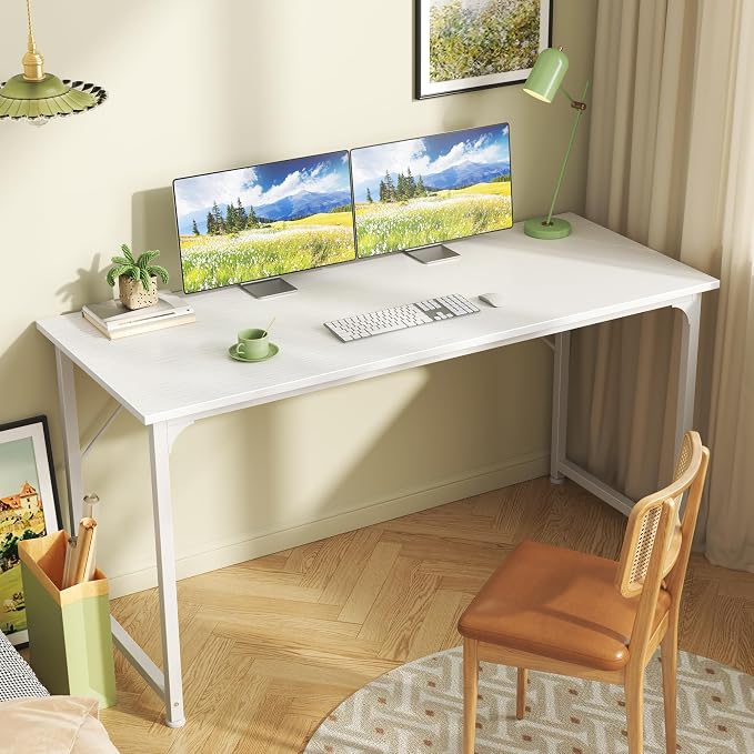 Huuger Computer Desk, 55 Inch Home Office Desk, Gaming Writing Work from Home Study Desk, Large Legroom, Sturdy Metal Frame, Modern Simple, White - Image 2