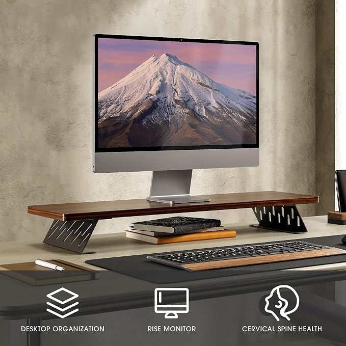 Fenge Monitor Stand Riser, 31.5 Inch Desk Top Shelf for 2 Monitors, Computer Stands for Desk, Wood & Steel Desktop Riser for Laptop, PC, Printer - Image 2