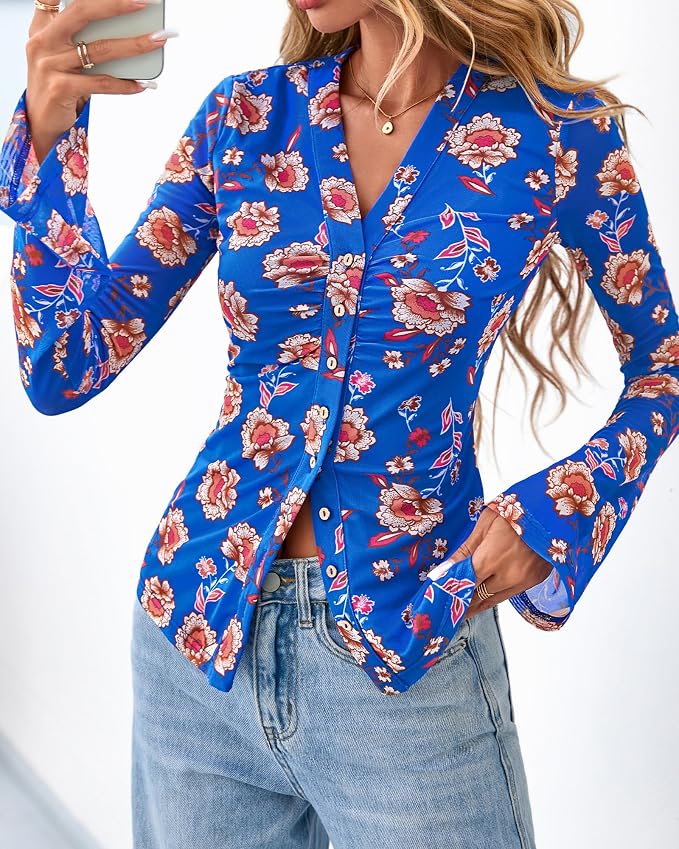 BTFBM Button Down Shirts for Women 2026 Fall Boho Tops V Neck Long Sleeve Blouses Ruched Mesh Fitted Fashion Clothing - Image 7