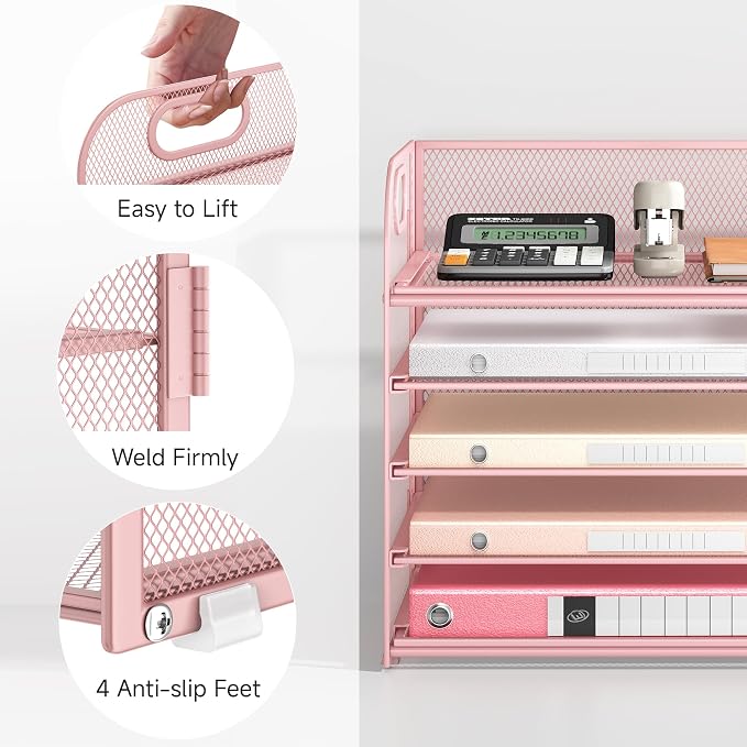 Lavatino Desk Paper Organizer with Handle, 2 Pack 5-Tier Pink Mesh Desk File Folder Holder Letter Tray Sorter Organizer for Office, Home or School - Image 2