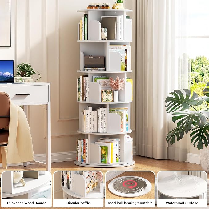 Aheaplus Rotating Bookshelf, 360 Display Wood Spinning Bookshelf Tower, 5 Tier Floor Standing Bookcase Storage Rack, Revolving Bookcase Corner Bookshelfs for Small Space, Bedroom, Study Room, White - Image 3