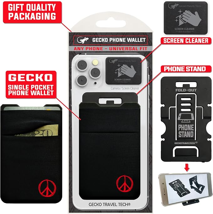 Gecko Travel Tech Double Pocket - Adhesive Card Holder - Cell Phone Pouch - Stick on Spandex Pocket - Carry Credit Cards and Cash (Peace) - Image 7