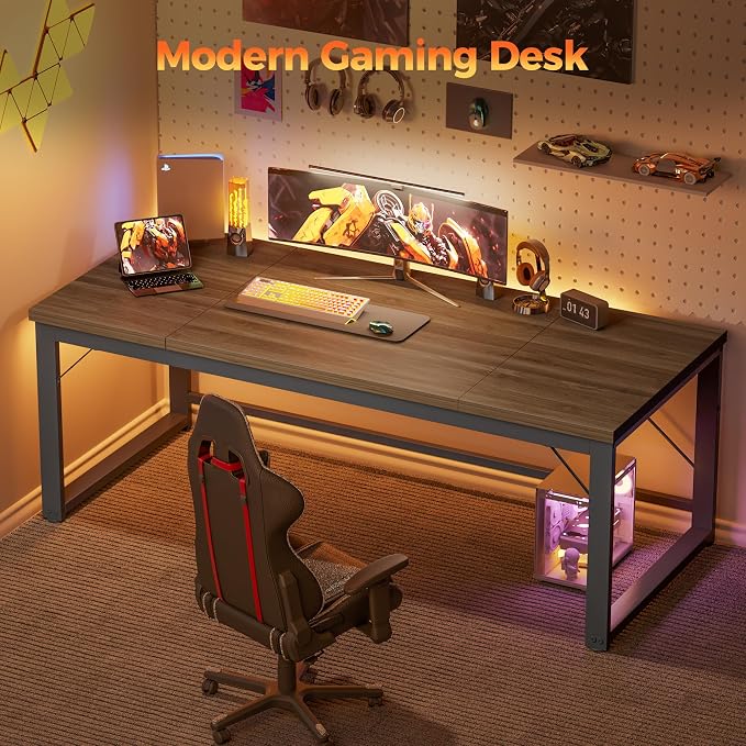 Mericonia 63x28 Inch Computer Desk, 1" Thick Large Office Table, Walnut | Modern Simple Style, Heavy Duty Industrial Frame, Large Study & Writing Table for Home Bedroom Work - Image 9