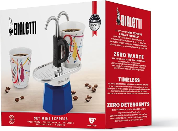 Bialetti - Mini Express Kandinsky: Moka Set includes Coffee Maker 2-Cups (2.8 Oz) + 2 shot glasses, Light Blue, Aluminum - Image 3