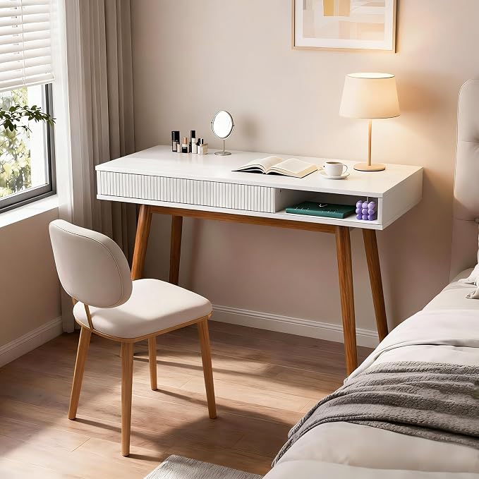 Artswish White Wood Desk with Drawer, 42" Mid Century Modern Writing Desk | Soild Wood Legs, Reinforced Structure, Drawer & Open Cubby Storage, Built-in Cable Management Hole for a Clean Workspace - Image 7