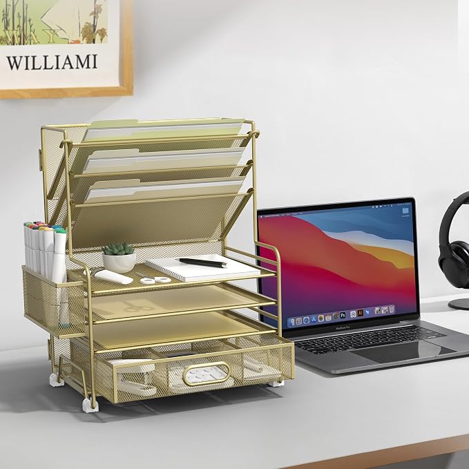 MINDEPOT 4-Tier Paper Organizer + 3-Pocket File Holder + Drawer + Pen Holders, Desktop File Organizers Paper Tray for Office Supplies School Classroom Organization (Gold, with Drawer & Pen Holder) - Image 6