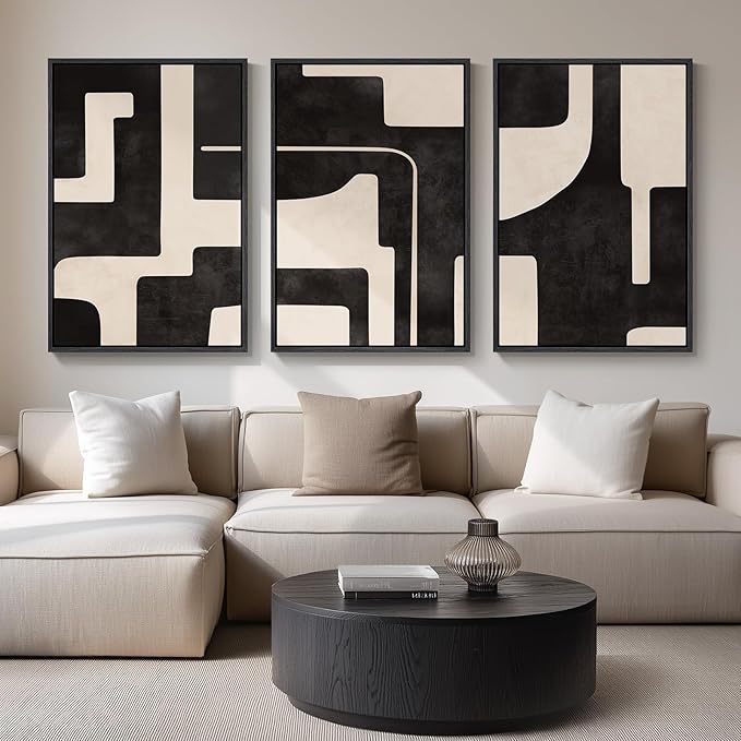 Large Framed Neutral Abstract Wall Art for Living Room, 3 Piece Black Beige Canvas Prints Paintings Artwork for Walls, Modern Minimalist Abstract Pictures for Hallway Office Wall Decor 24x36 In by Cuspin