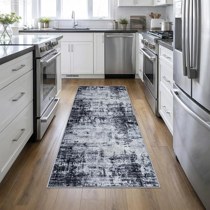 Washable Area Rug 3x8 Entryway Rug: Washable Modern Abstract Soft Thin Rug Indoor Floor No Slip Stain Resistant Carpet for Bedroom Dining Room Farmhouse Nursery Home Office - Dark Black by FXRHLP