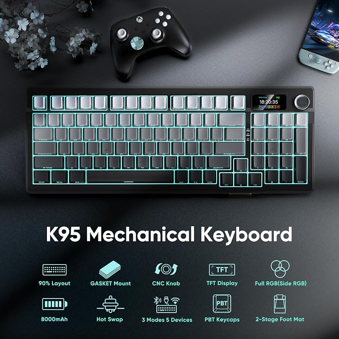 RedThunder K95 Wireless Mechanical Keyboard,TFT Screen & Knob, Trip-Modes Connection, Gasket Custom Hot-Swap Keyboard, RGB Backlit, Pre-lubed Linear Switches, Side Printed PBT Keycaps, Gray Gradient - Image 2