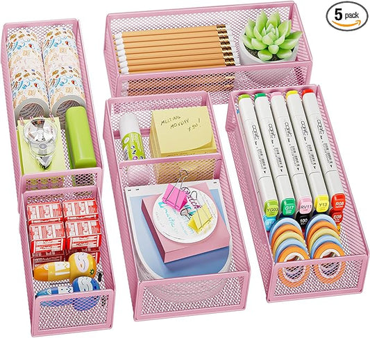 Marbrasse 5 Pack Desk Drawer Organizer Set, Mesh Drawer Storage Trays with 1 Adjustable Divider, Desk Organizers and Accessories, 5 PCS Drawer for Office Supplies, Makeup & Vanity (Pink) by Marbrasse
