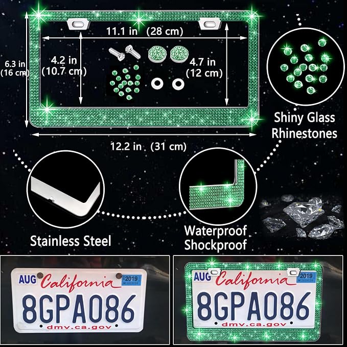 NBTEPEM 27 PCs Green Bling Car Accessories Set for Women, Steering Wheel Covers Universal Fit 15 Inch, Bling License Plate Frame, Bling Phone Holder, Bling Car Coasters (Green Diamond) - Image 4