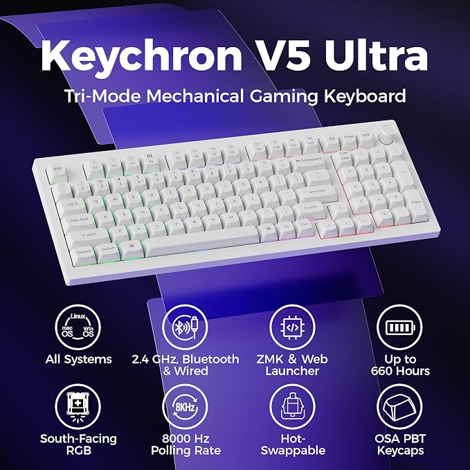 Keychron V5 Ultra 96% Wireless Mechanical Keyboard with 8000Hz Polling Rate & NKRO, Hot-Swappable RGB, Banana Switches, 97 Keys, 2.4GHz/Bluetooth/Wired, OSA PBT Keycaps, for Mac/Win/Linux - White - Image 2