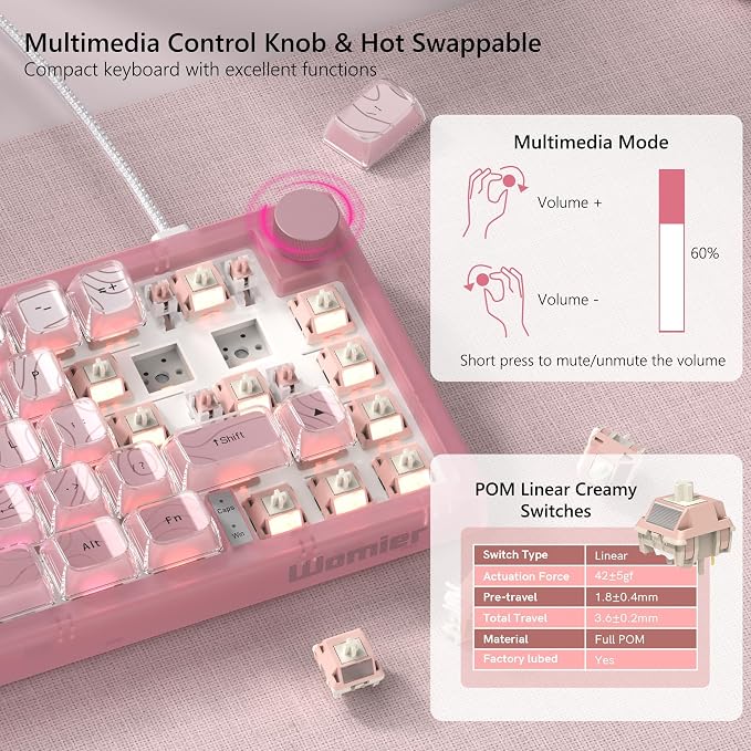 Womier 60% Percent Keyboard Pink Mechanical QMK/VIA Gaming Keyboard | Creamy Keyboard Topographic, Hot Swappable Gasket Mount RGB Wired Key board & Translucent Keycaps (VK66 PRO) - Image 3