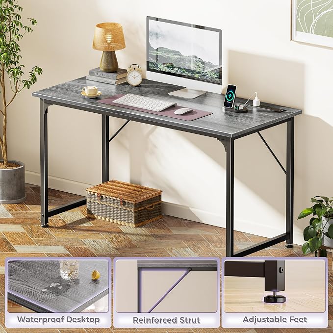 PRAISUN 47 X 20 Inch Computer Desk, Power Outlets, USB-C, Grey | Office Desk with 4 AC Outlets, USB & USB-C, Sturdy Metal Frame, Spacious Desktop for Work, Writing, Study & Gaming - Image 9