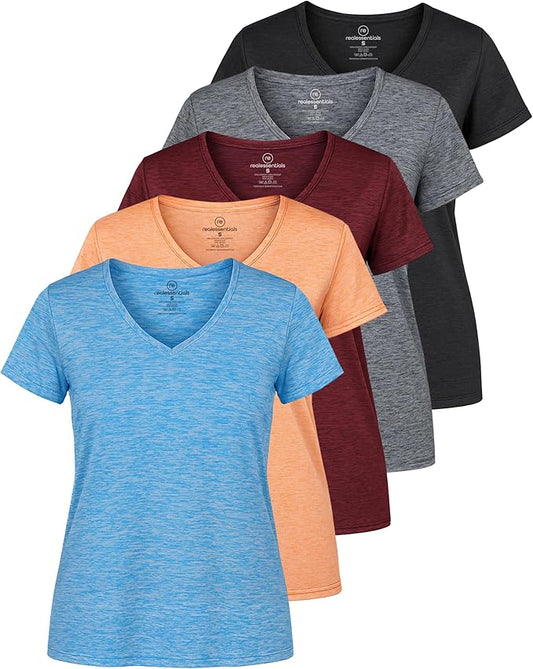 5 Pack Women's Dry Fit V Neck Workout Tops T Shirts Athletic Gym Yoga Tees | Available In Plus Size, Cooling Moisture-Wicking, Short Sleeve, Quick-Dry, Fitness, Stretch, Exercise, Running, Hiking by RealEssentials