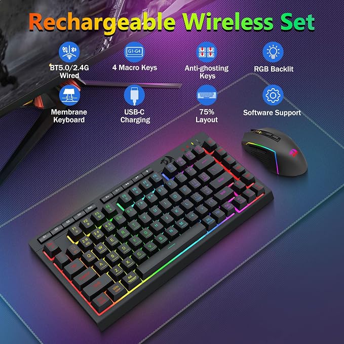 Redragon Wireless Gaming Keyboard and Mouse Combo, 75% Portable, Black | Bluetooth/2.4G/USB-C Wired, RGB Backlit, Quiet Rechargeable Macro Membrane Keyboard & 12800 DPI Mouse for Win/MAC - Image 2