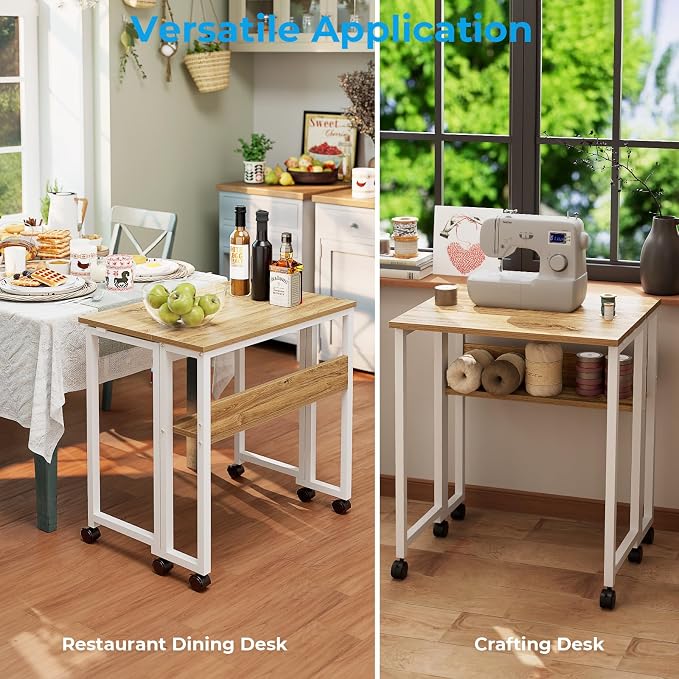 GreenForest Folding Desk with Wheels, 24.8" Rolling Table for Small Spaces | Storage Shelf, Lockable Casters, Compact Portable Workstation, Space-Saving Foldable Sofa Table, Home Office, Mobile, Oak - Image 7