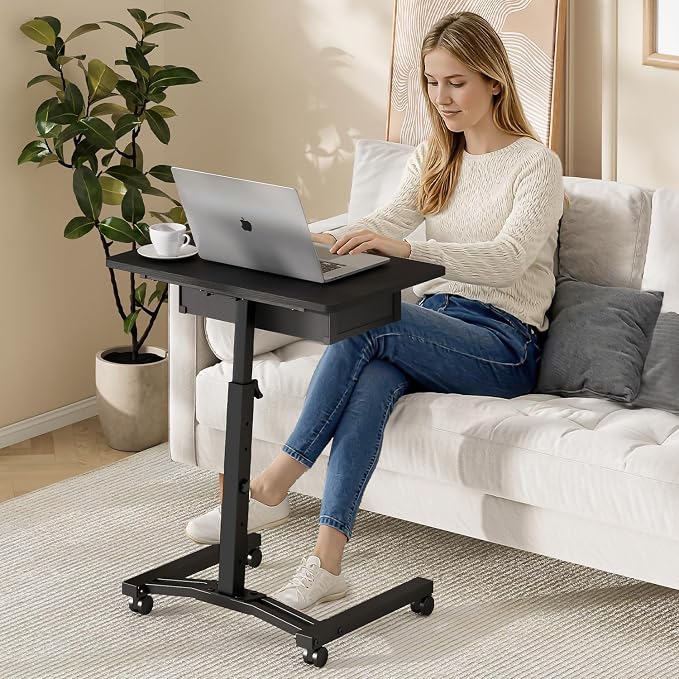 Rolling Adjustable Height Standing Desk With Drawers, Small Mobile Laptop Desk Cart On Wheels For Small Spaces Home Office, Portable Sitting Laptop Table For Bed Couch Load Up To 60LBS, Sturdy, Black - Image 2