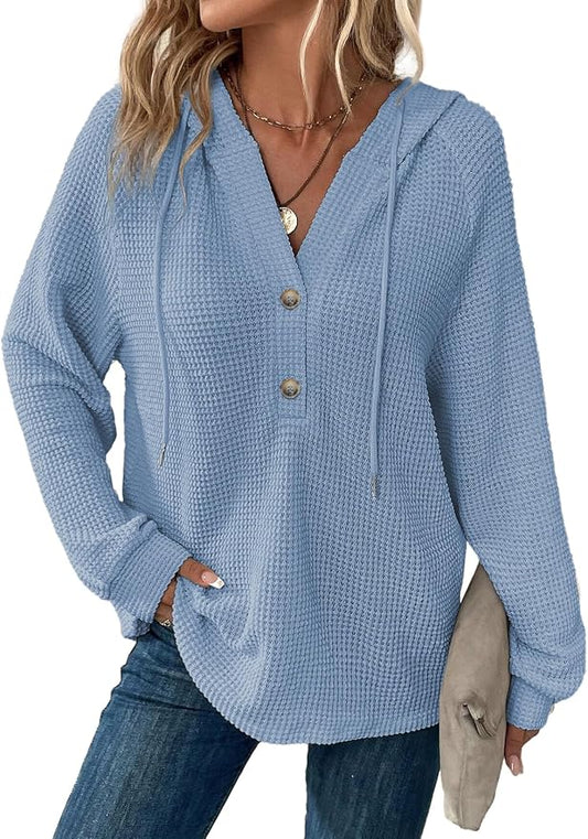 Dokotoo Hoodies for Women Waffle Knit Long Sleeve Drawstring Button V Neck Casual Sweatshirt Hooded Tops Fashion Clothing by Dokotoo