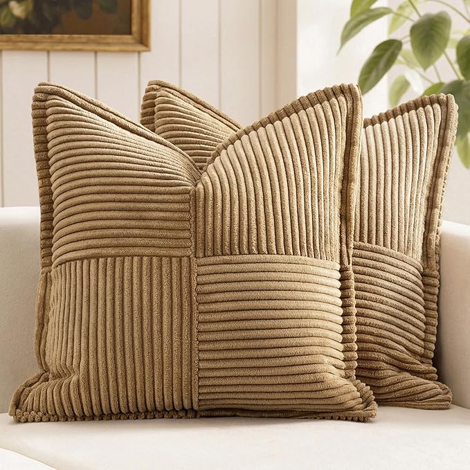 MIULEE Decorative Throw Pillow Covers for Couch Bed Livingroom 18x18 Inch Set of 2 Brown Boho Accent Throw Pllows Broadside Striped Patchwork Soft Corduroy Pillowcases by MIULEE