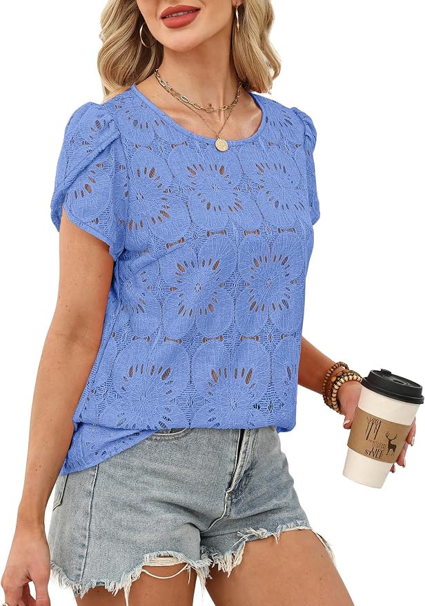 OFEEFAN Blouses for Women Dressy Casual Petal Short Sleeve Shirts Crochet Lace Boho Tops Spring Fashion Summer Outfits - Image 4