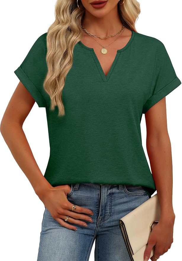 Womens Tops Dressy Casual V Neck Rolled Sleeve T Shirts Fashion Clothing Business Casual Outfits Beach Vacation Clothes - Image 4