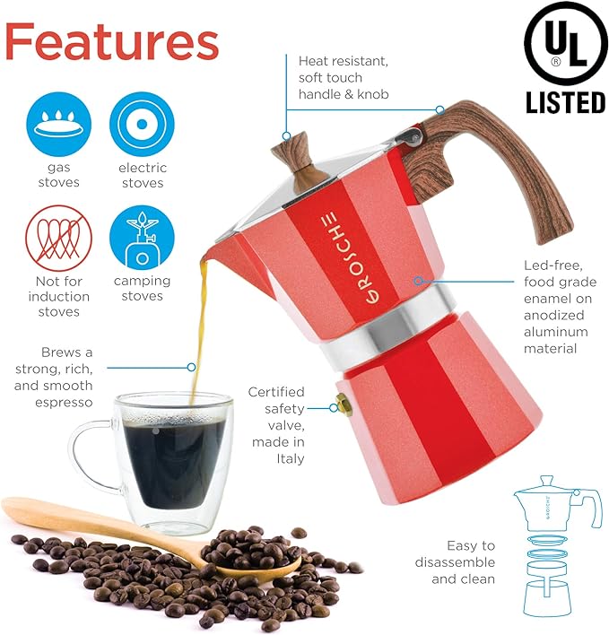 GROSCHE Milano Stovetop Espresso Maker Moka Pot 3 espresso Cup - 5oz, Red - Cuban Coffee Maker Stove top coffee maker Moka Italian espresso greca coffee maker brewer percolator | Cuban Coffee Maker And Italian Moka Pot For Stovetop Espresso; For Gas, E... - Image 3