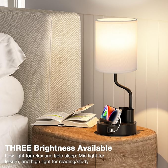 Fenmzee Bedside Lamps for Bedroom Set of 2 - Table Desk Lamp for Nightstand | 15" Table Lamp for Living Room with Pen Holder & Phone Stand, USB A+C Port, AC Outlet, 3 Color Temperature, LED Bulb Included - Image 6