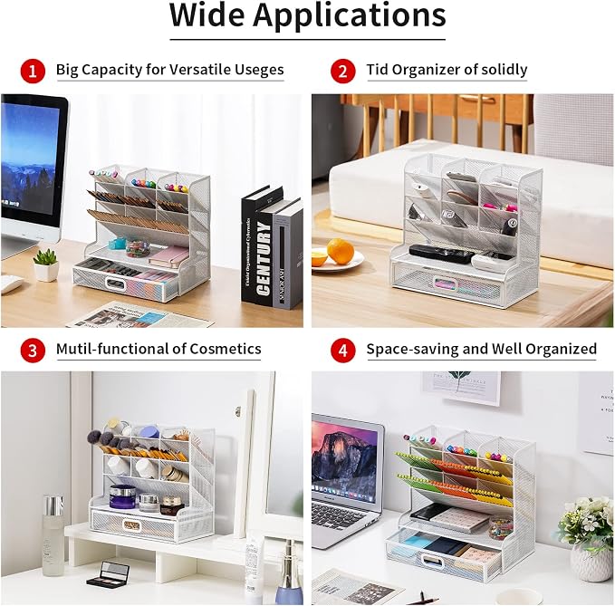 Marbrasse Mesh Desk Organizer - Multi-Functional Pen Holder with Drawer, Desktop Stationary Storage Rack for School, Home, Office, Art Supplies (White Mesh) - Image 3