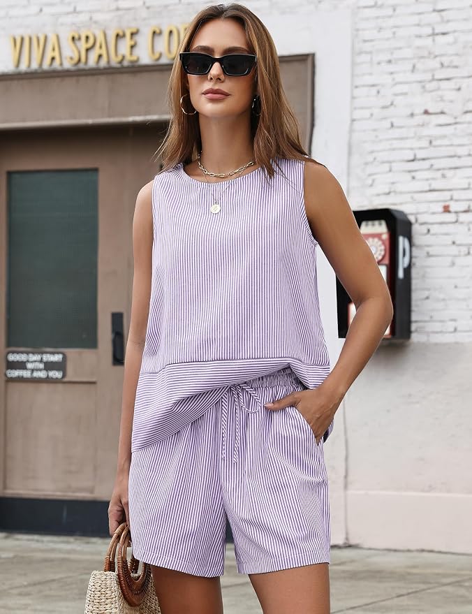 LOMON Women's Trendy 2 Piece Outfits Shorts Sets Summer Crew Neck Sleeveless Tank Top and Bottom Matching with Pockets 2026 - Image 2