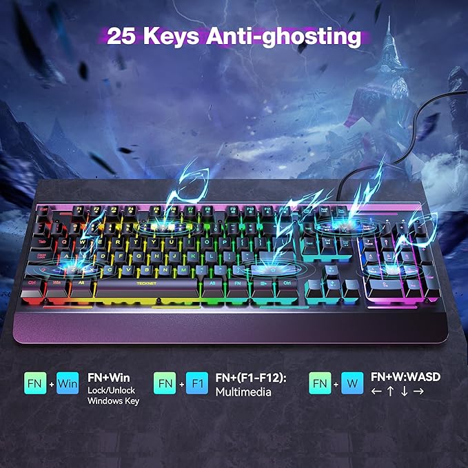 TECKNET Wired Gaming Keyboard, RGB Backlit Keyboard with Metal Panel Design | 15-Zone RGB Illumination, Whisper Quiet Design, IP32 Water Resistance, 25 Anti-ghosting Keys, Ergonomic Design - Image 7