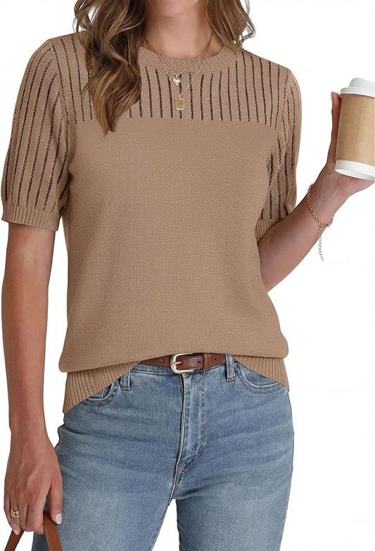 Zeagoo Women's Short Sleeve Sweater Tops 2026 Spring Summer Crew Neck Hollow Out Blouses Dressy Business Casual Outfits by Zeagoo