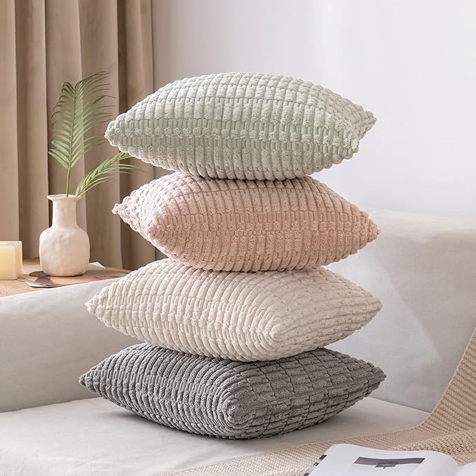 MIULEE Pack of 2 Spring Corduroy Decorative Throw Pillow Covers 18x18 Inch Soft Boho Striped Pillow Covers Modern Farmhouse Home Decor for Summer Sofa Living Room Couch Bed Light Green - Image 5