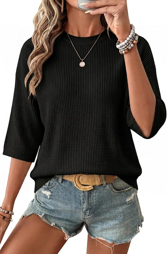 Arach&Cloz Womens Summer 100% Cotton Oversized Crochet Tops 3/4 Length Sleeve Sweater Hollow Out Casual Blouses 2026 by ArachClozFocusonQuality