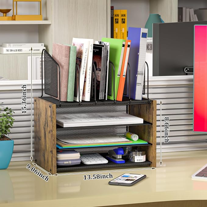 4-Tier Desk Organizer, Desk File Organizer with 5 Vertical File Holders, Office Desktop Organizer with 3 Level Paper Organizer Letter Tray, Wooden Desk Organizers and Accessories for Home Office - Image 6