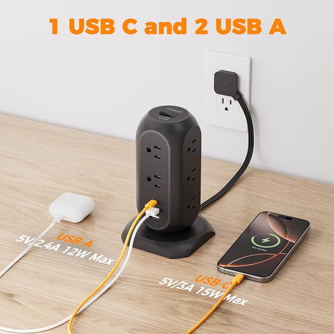 TESSAN Tower Power Strip Flat Plug with 1050J Protection, 10 Ft, Black | 11 Outlets 3 USB (1 USB C), Surge Protector Power Tower, Extension Cord with Multiple Outlets, Dorm, Office Desk Supplies - Image 4