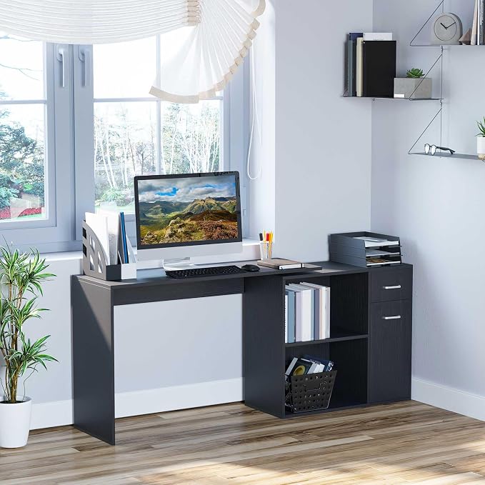 HOMCOM L Shaped Computer Desk 180° Rotating 47.25"x19.75"x 53.75", Black | Corner Desk, Storage Shelves, Drawer, Cabinet, Study Workstation, for Home Office - Image 2