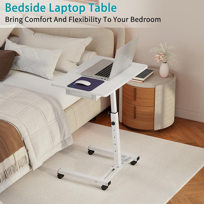 Rolling Adjustable Height Computer Desk With Drawers, Small Mobile Laptop Desk Cart On Wheels For Small Spaces Home Office, Portable Sitting Laptop Table For Bed Couch Load Up To 60LBS, Sturdy, White - Image 8