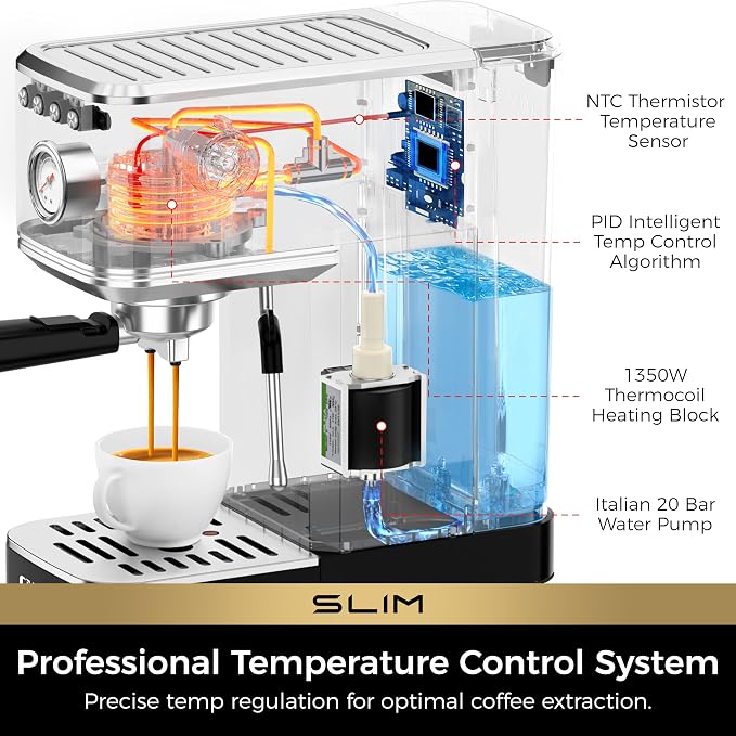 CHULUX Slim Espresso Machine with Milk Frother for Home Cappuccino, Black | Precise Pressure Gauge, Food-Grade Materials, 20 Bar Italian Pump, Professional Temperature Control System, Stainless Steel - Image 4