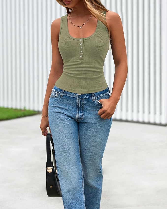 BTFBM Summer Tops for Women 2026 Scoop Neck Ribbed Henley Button Sleeveless Casual Spring Basic Tank Top Clothes Outfits - Image 6