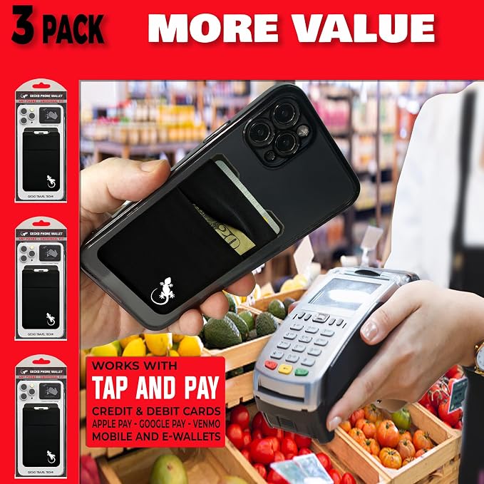 Gecko Travel Tech Double Pocket - Adhesive Card Holder - Cell Phone Pouch - Stick on Spandex Pocket - Carry Credit Cards and Cash (3 PACK - BLACK WHITE) - Image 8