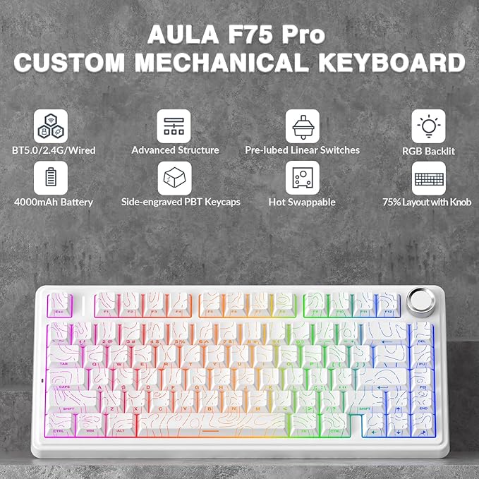 AULA F75 Pro Wireless Mechanical Keyboard with Knob,75% Hot Swappable Custom Gaming Keyboards,RGB Backlit,Pre-lubed Switches,Side Printed PBT Keycaps Creamy Sounding Computer Keyboard, Line White - Image 2