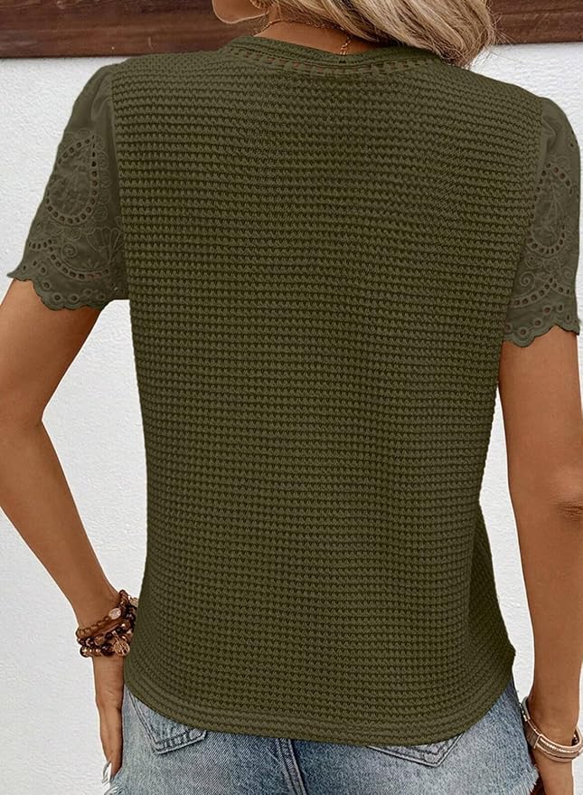 SHEWIN Womens Frenchy Summer Tops Crewneck Short Sleeve T Shirts Casual Waffle Knit Jacquard Blouses Top Shirts - Image 2