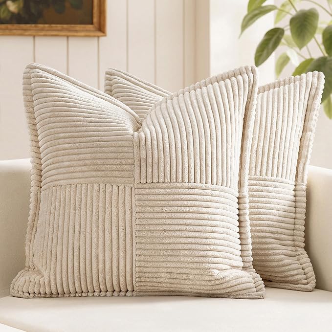 MIULEE Decorative Euro Sham Throw Pillow Covers for Couch Bed Livingroom 24x24 Inch Set of 2 Beige Boho Accent Throw Pllows Broadside Striped Patchwork Soft Corduroy Pillowcases by MIULEE