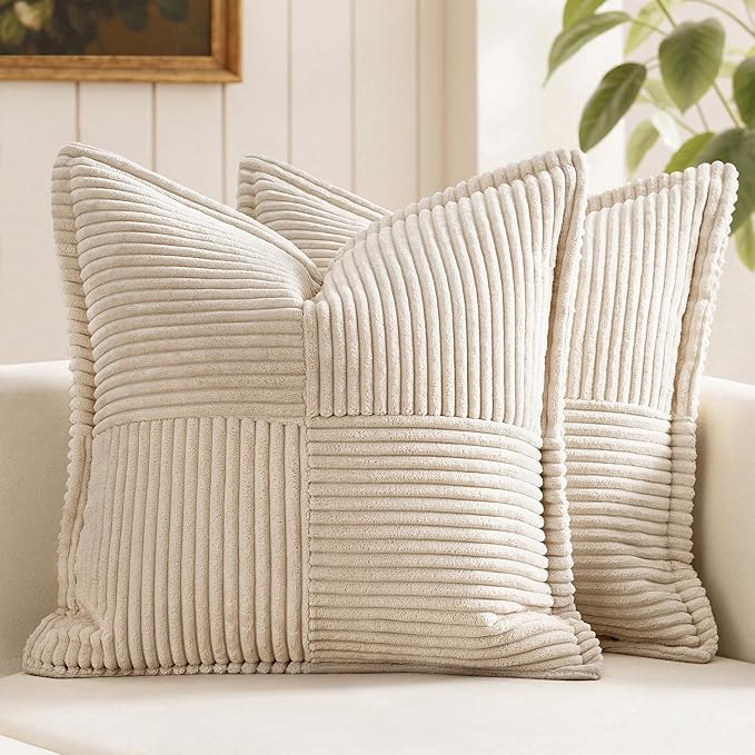 MIULEE Decorative Throw Pillow Covers for Couch Bed Livingroom 16x16 Inch Set of 2 Beige Boho Accent Throw Pllows Broadside Striped Patchwork Soft Corduroy Pillowcases by MIULEE