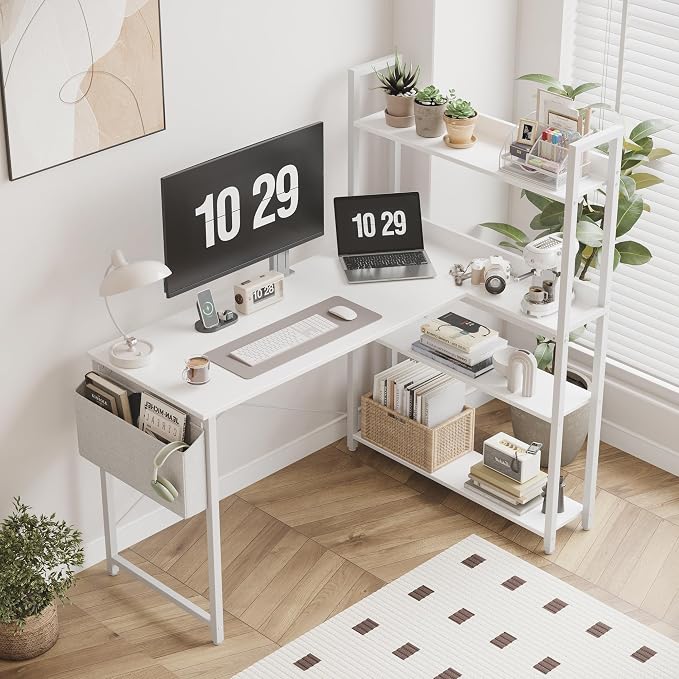 Treesland 47 Inch Computer Desk with Bookshelf, Corner Desk with Storage, L Shaped Desk, Home Office Desks, Writing Study Desk for Bedroom, White - Image 2