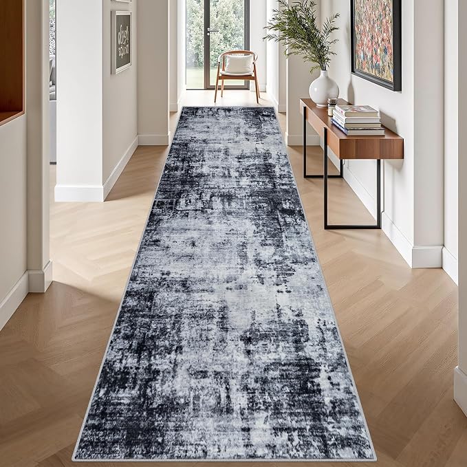 Washable Area Rug 3x14 Entryway Rug: Washable Modern Abstract Soft Thin Rug Indoor Floor No Slip Stain Resistant Carpet for Bedroom Dining Room Farmhouse Nursery Home Office - Dark Black - Image 4