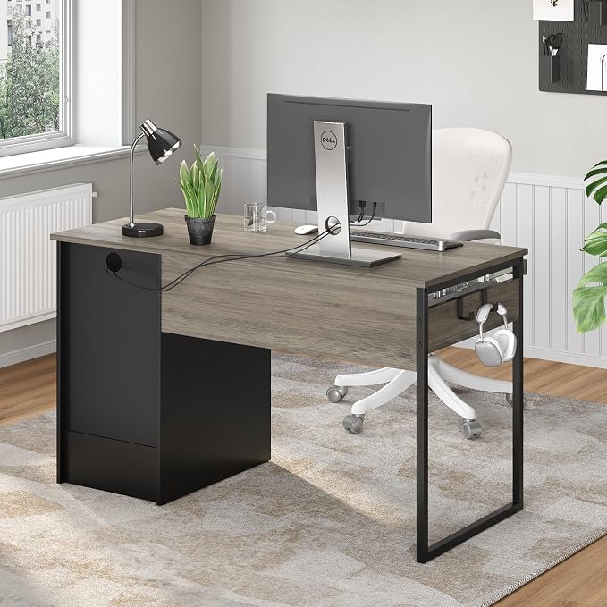Bestier 48” Computer Desk with Drawers, Office Desk with Storage, Industrial Wood Writing Desk with File Drawer, Keyboard Tray & 2 Hooks for Home Office & Studio, Gray - Image 2