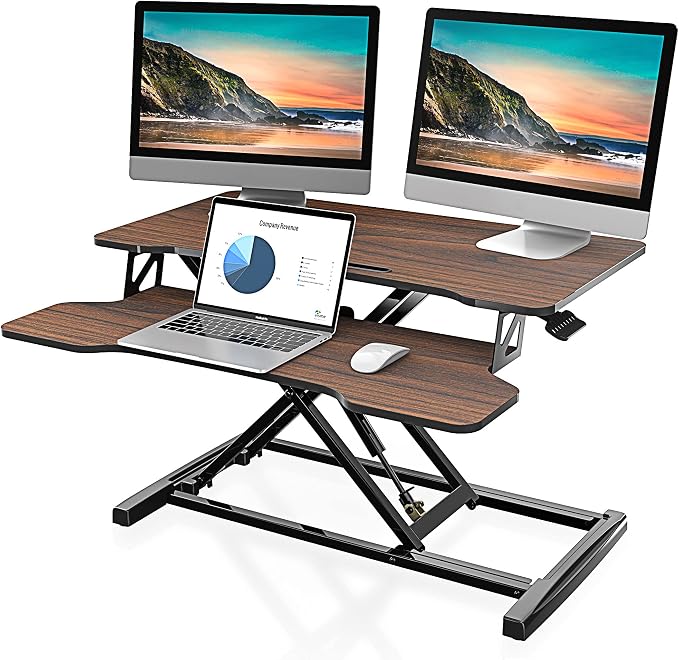 FITUEYES Height Adjustable Standing Desk 32” Wide Sit to Stand Converter Stand Up Desk Tabletop Workstation for Laptops Dual Monitor Riser Brown SD308002WE by FITUEYES