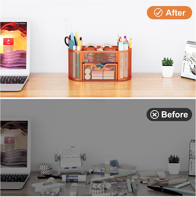 EasyPAG Mesh Pen Holder Desk Organizer with Drawer Stationery Supplies Organizer for Dorm School 9 Compartments Workspace Desk Accessories Organization for Office, Orange - Image 5